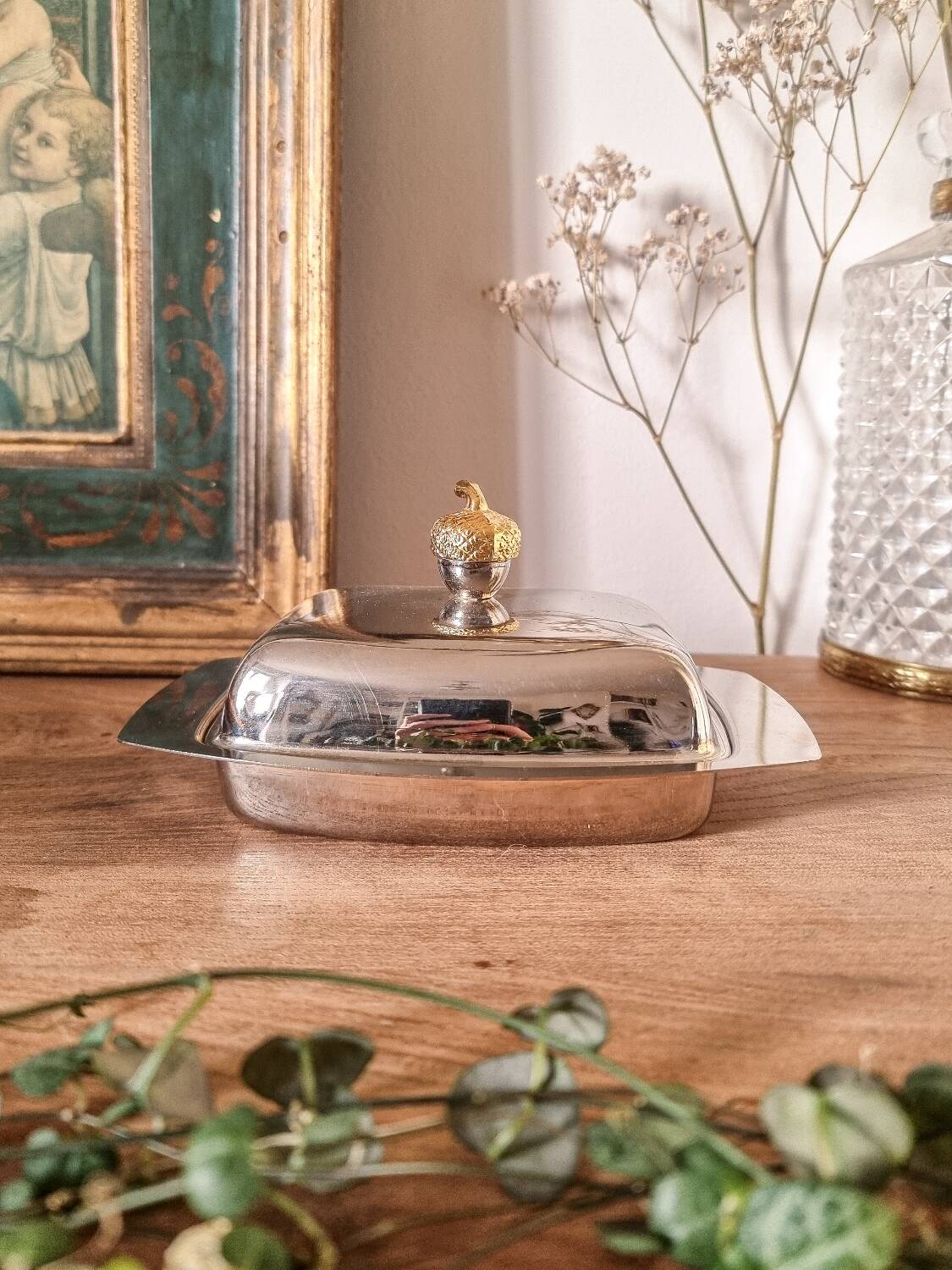 Silver metal butter dish, hazelnut handle