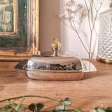 Silver metal butter dish, hazelnut handle