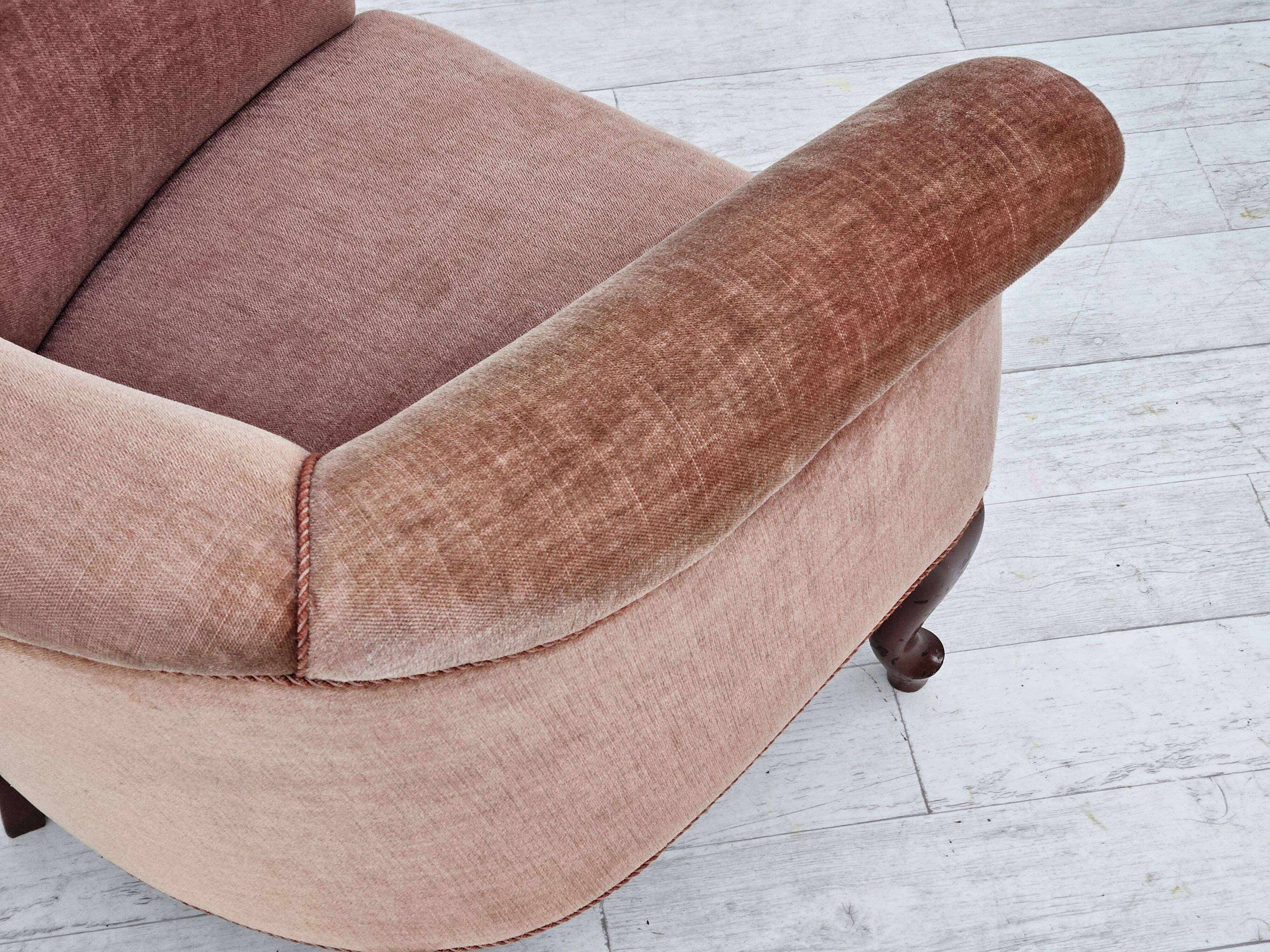 1960s, Danish lounge chair, salmon pink furniture velour, ash wood legs.