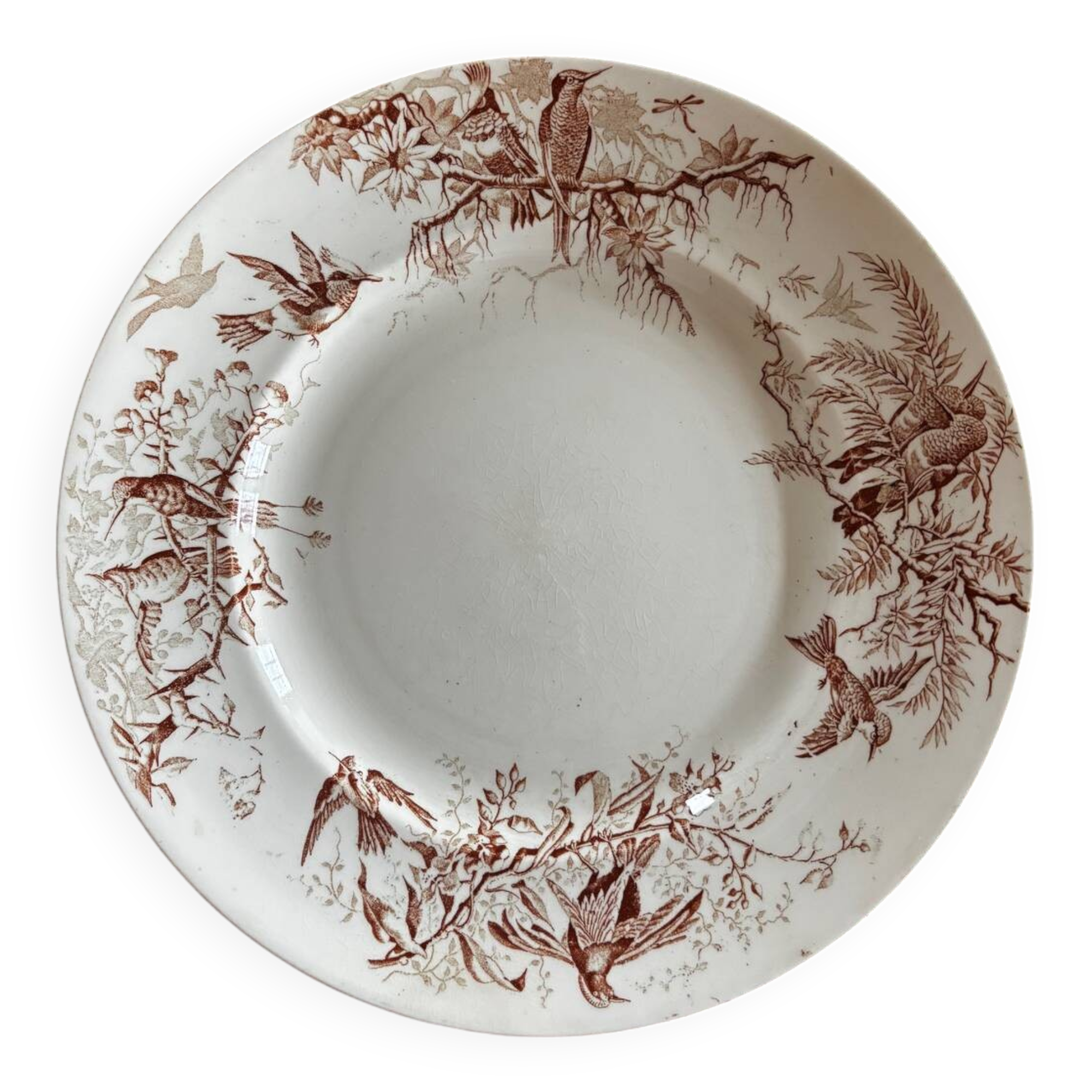 Antique KG Luneville round serving dish, colibri sepia