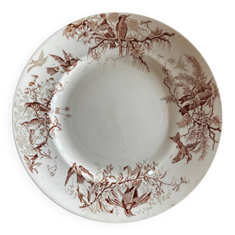 Ancien plat de service rond KG Luneville colibri sepia