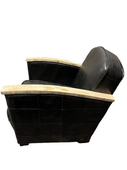 Pair of leather armchairs with marquetry armrests