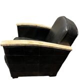 Pair of leather armchairs with marquetry armrests