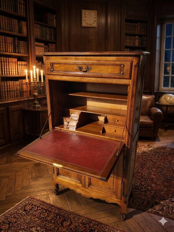 Secrétaire ancien scriban vintage en bois de noyer style Louis XV