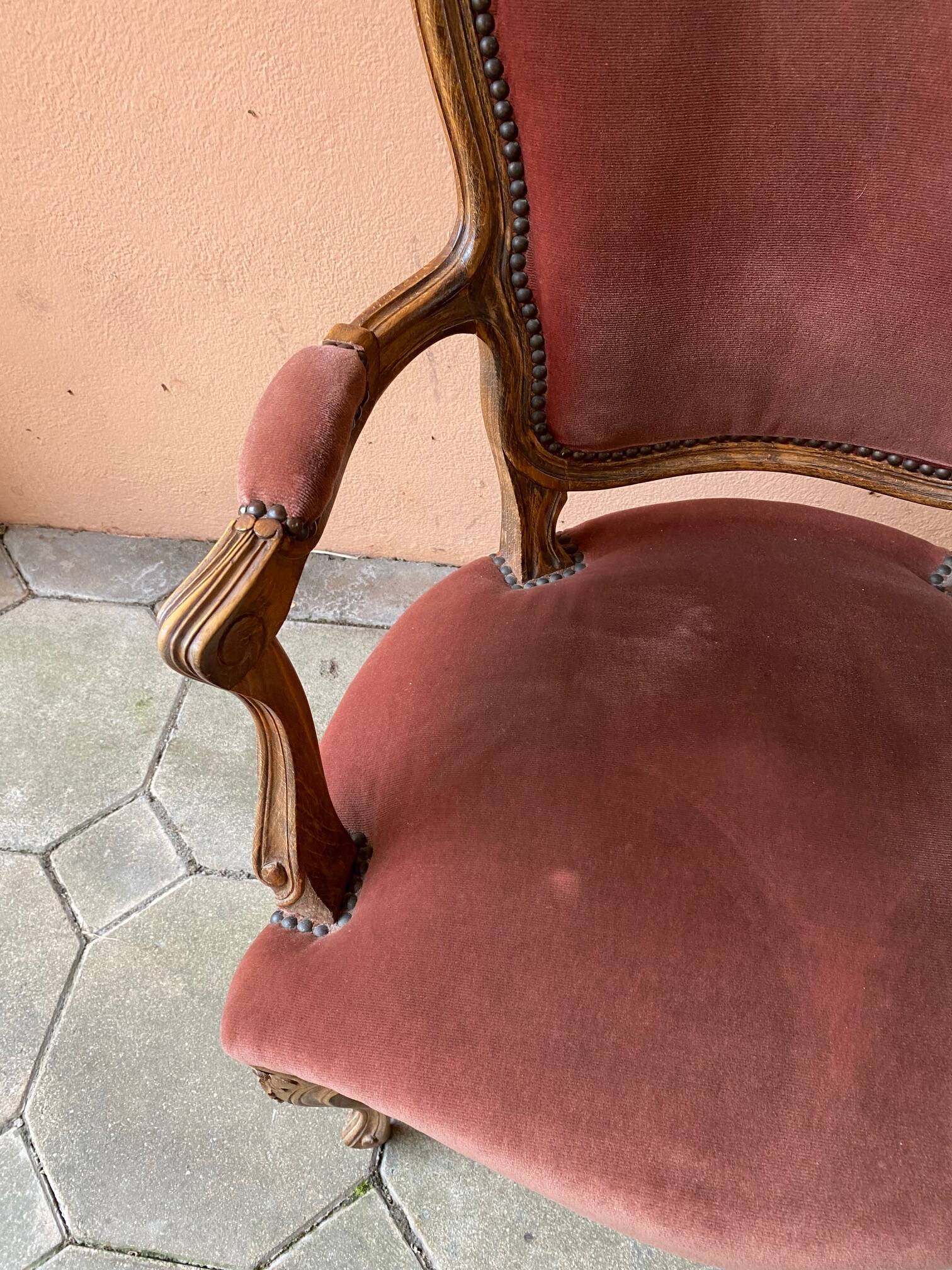 Pair of louis xv style bergeres armchairs with pink velvet armrests
