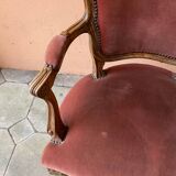 Pair of louis xv style bergeres armchairs with pink velvet armrests