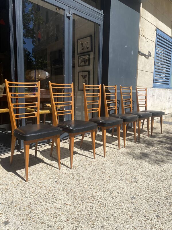 6 chaises bois et skaï noir années 60