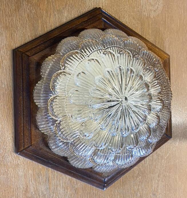 Ceiling light in molded glass and wooden surround, Massive Leuchten, Germany, vintage, 80s