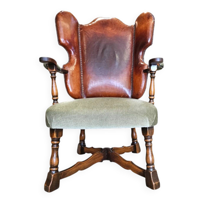Rare fauteuil à oreilles en cuir et chêne conçu par Theo Ruth pour Artifort / f 297 de 1949
