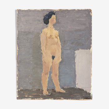 Mid-Century Modern Swedish "Nude by Lavender" Vintage Figurative Oil Painting