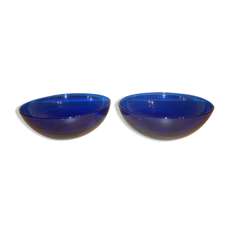 Lot de 2 coupes basses en verre bleu transparent