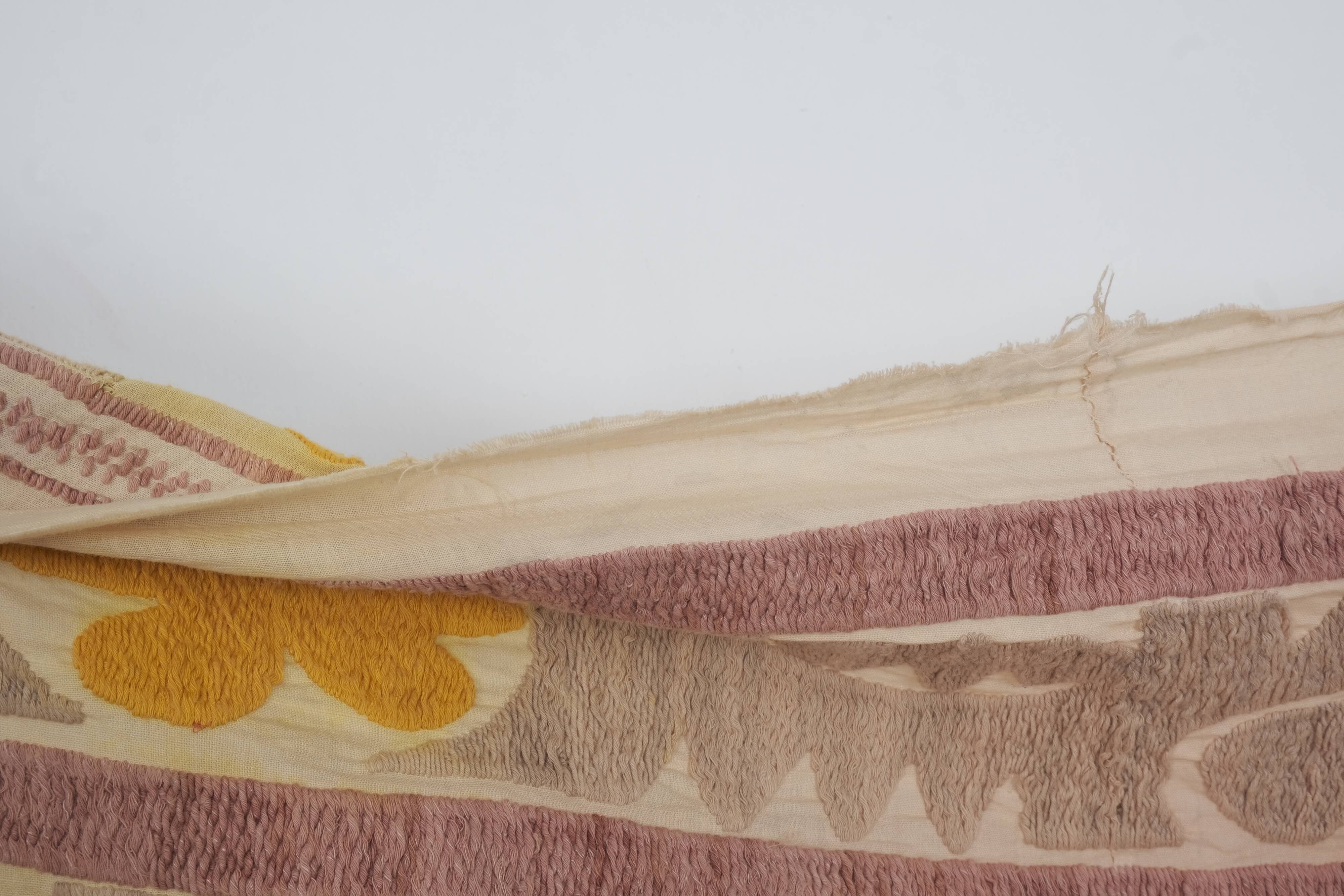 Embroidered tan suzani table cover, vintage tan and pink old embroidery textile