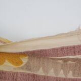 Embroidered tan suzani table cover, vintage tan and pink old embroidery textile