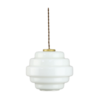 Mid-century Brass and Opaline Pendant Lamp, Italy