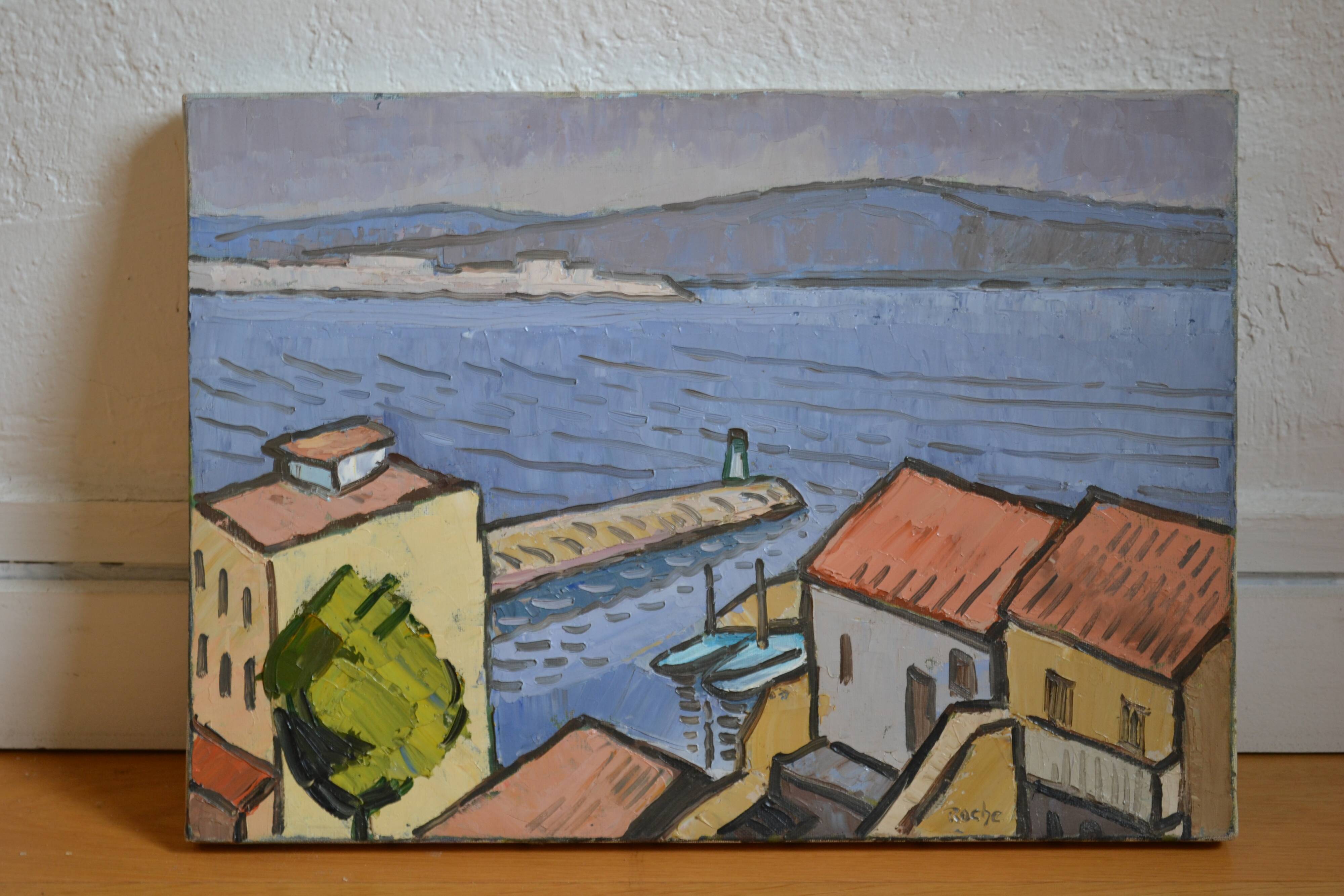 Marseille Corniche Valmer seaside landscape painting HST signed Roche