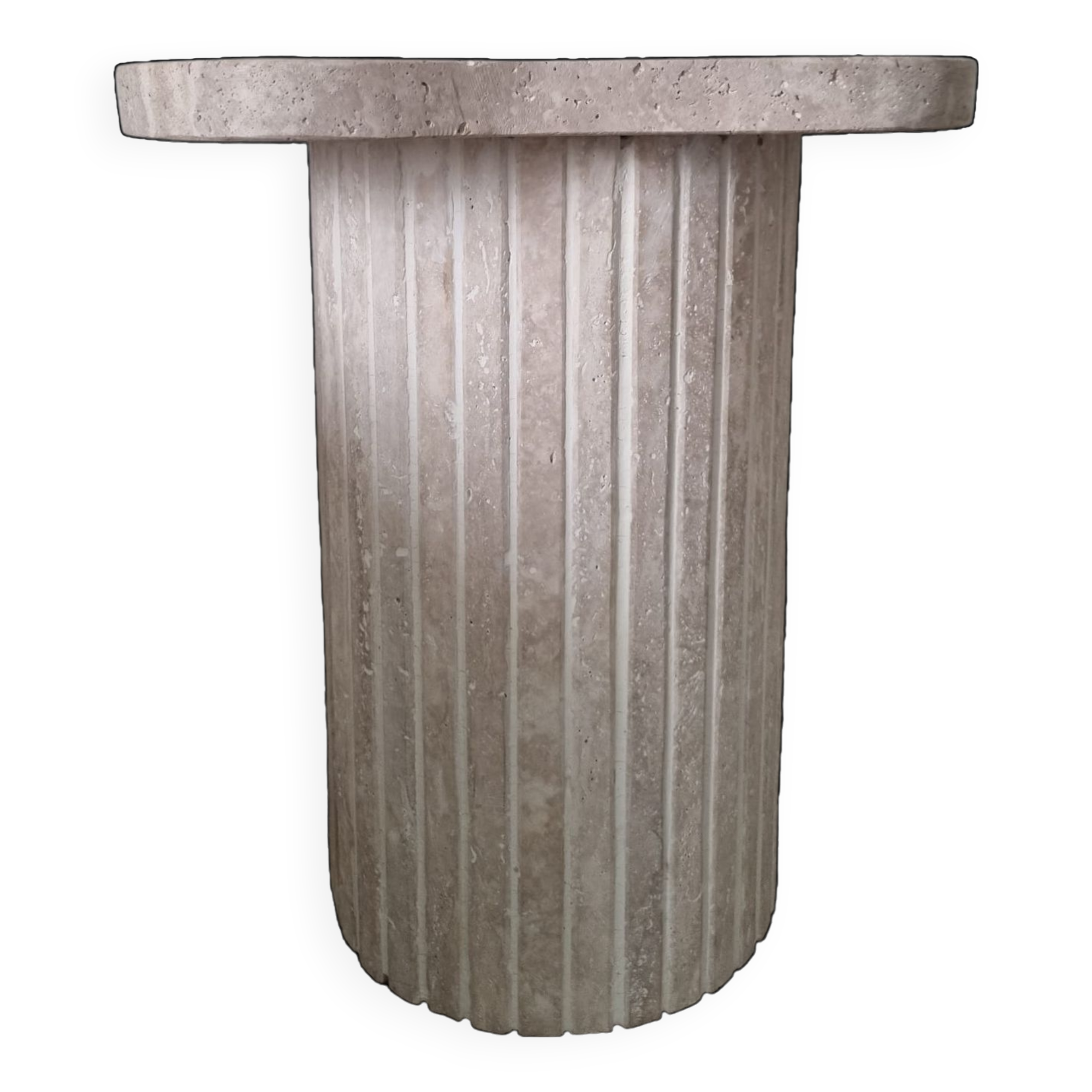 Alpha irregular side table in natural travertine ribbed foot