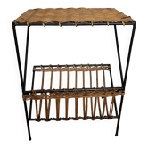 End table/ Magazine rack side table in wicker and iron, 1950s