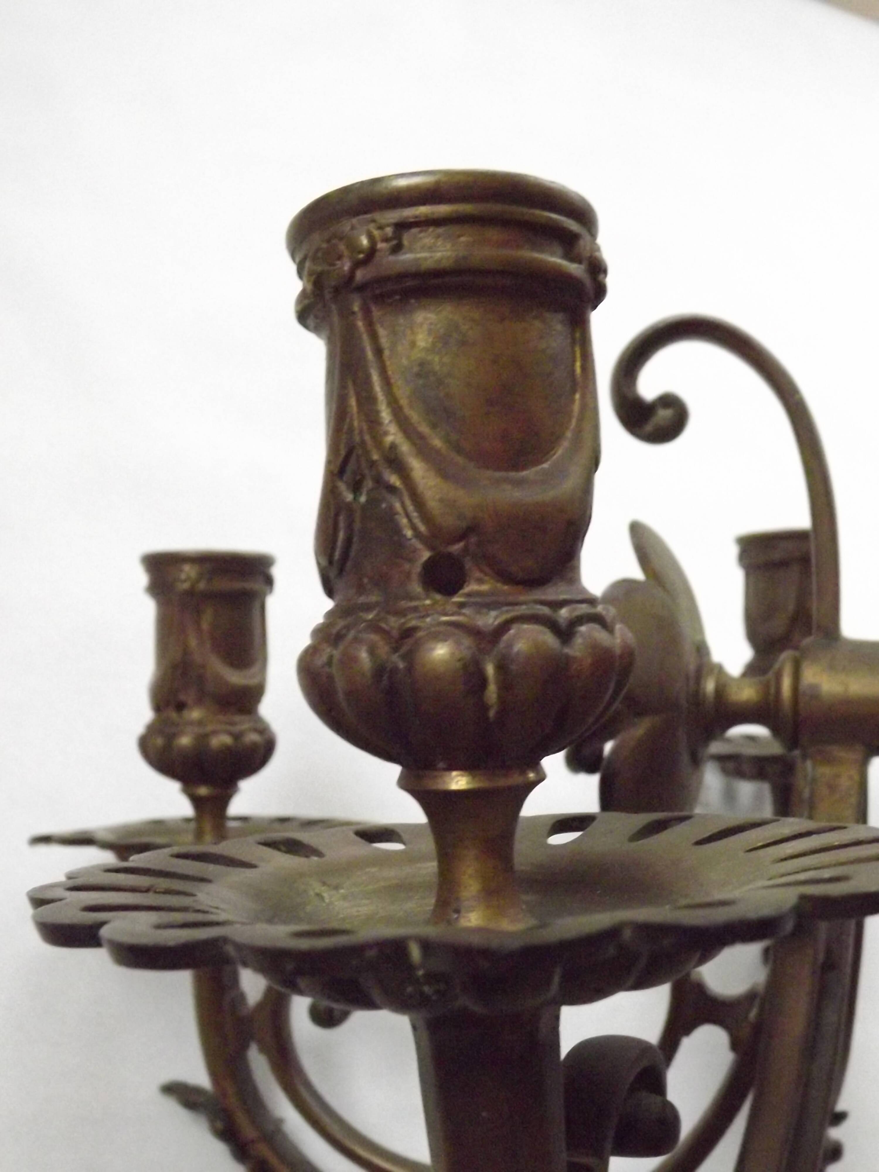 Pair of Heavy Victorian Bronze Triple Wall Sconces Griffin & Flower Detail