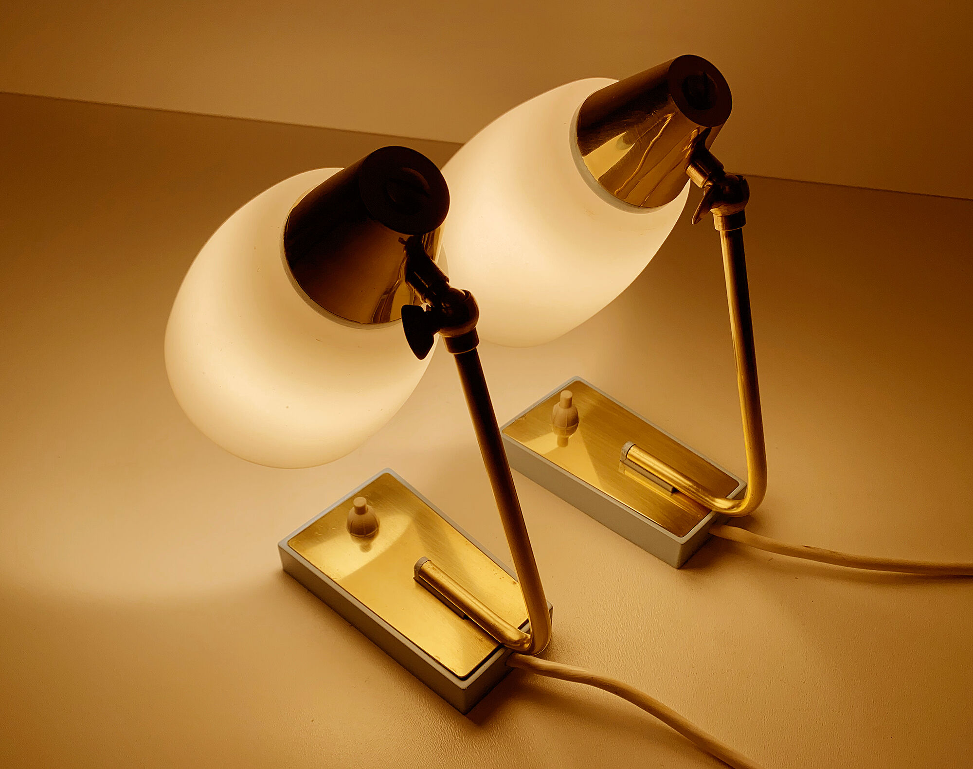 Pair of vintage table or bedside lamps, brass and glass, 50s 60s