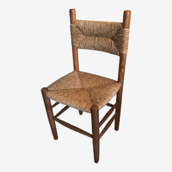 Brutalist vintage beech chair and mid-century straw