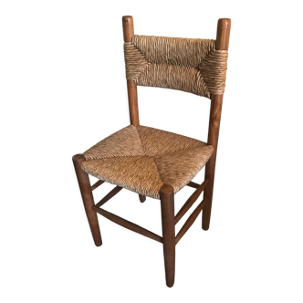 Brutalist vintage beech chair and mid-century straw
