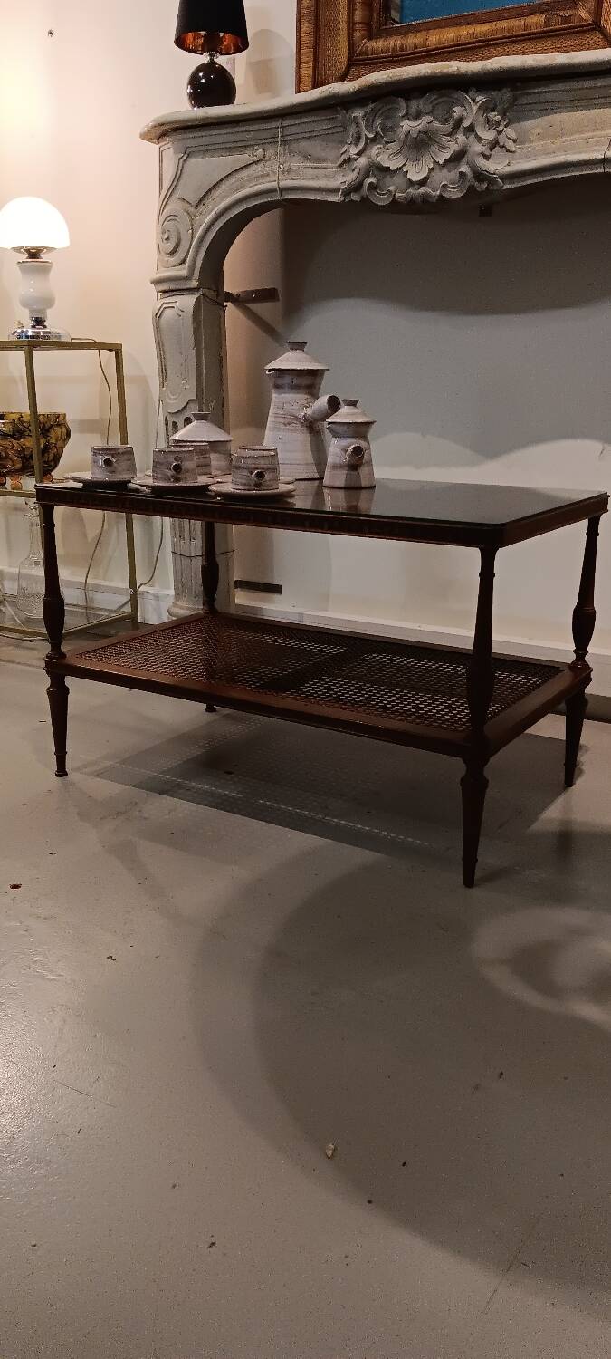 Coffee table / side table in mahogany with a rattan shelf.