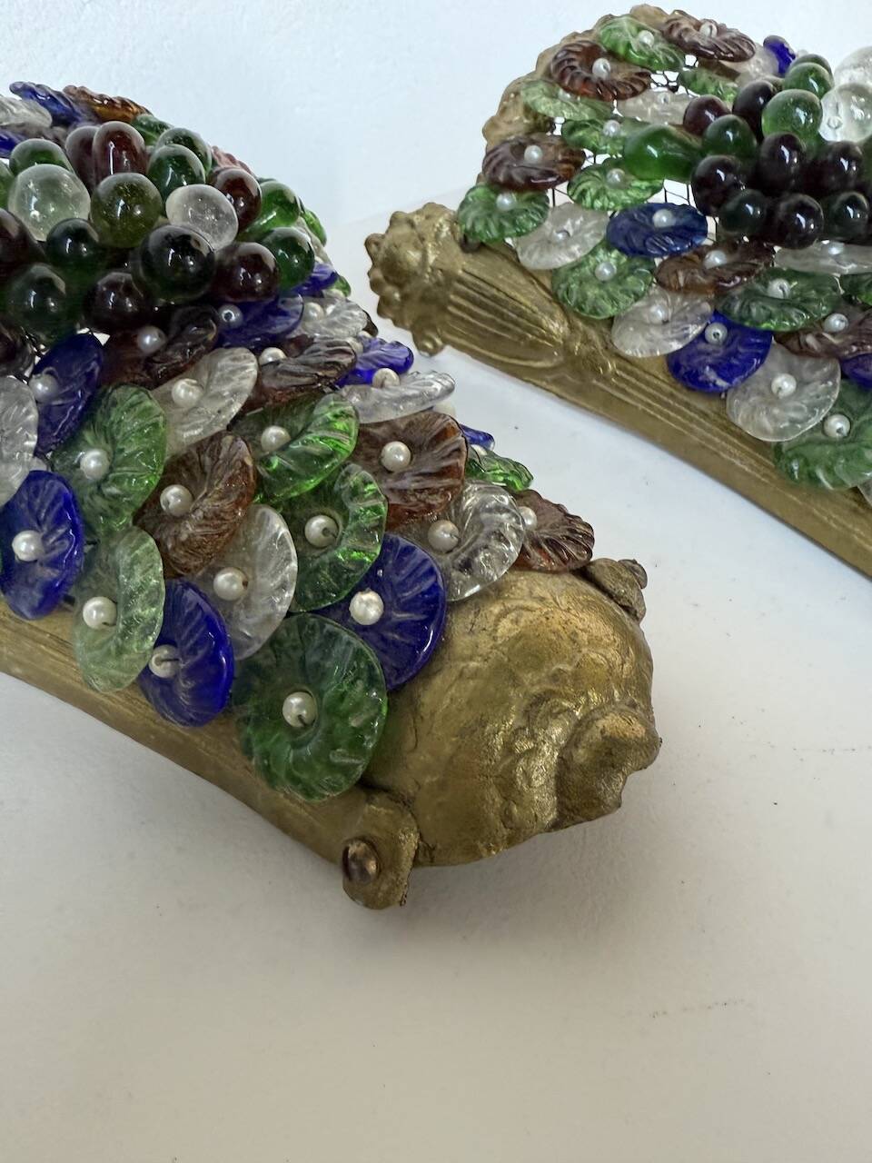 Pair of Art Nouveau bronze and Murano glass wall lights