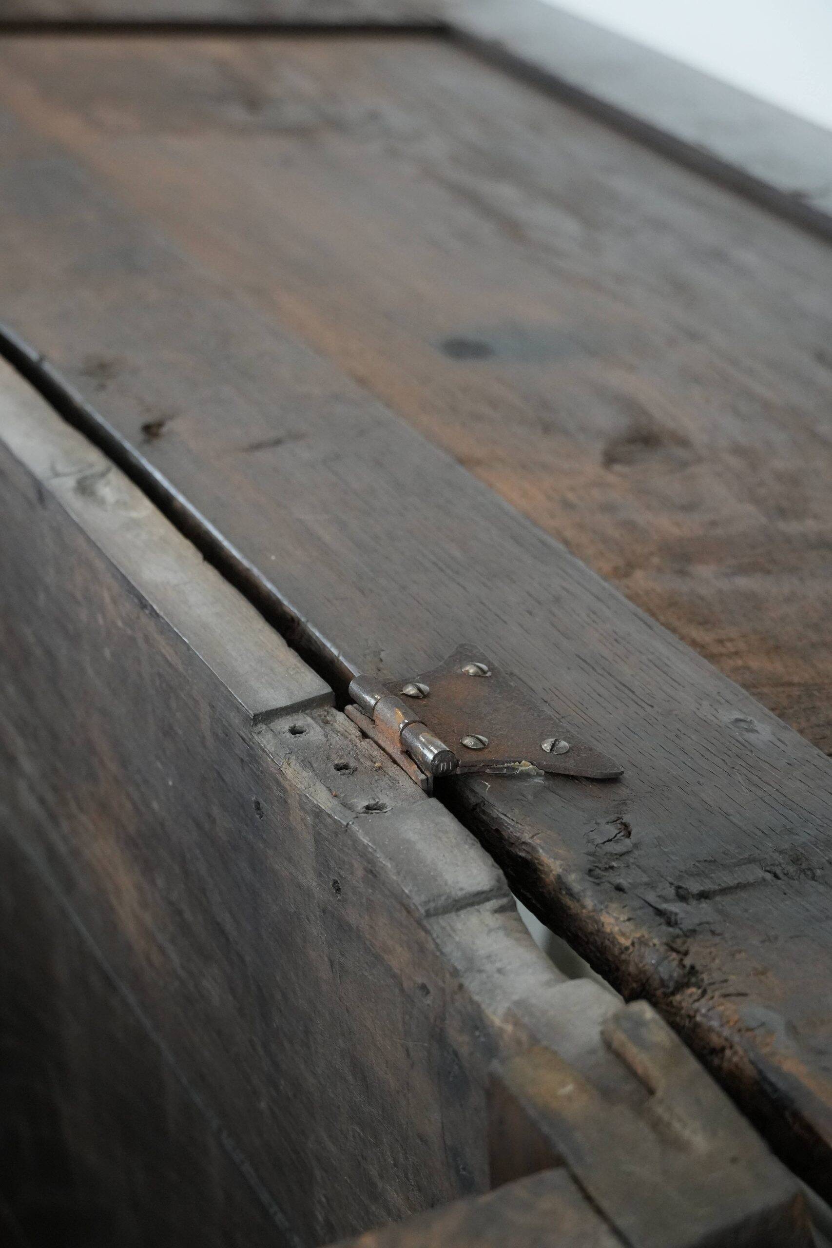 Large antique panelled English oak chest from the 18th century