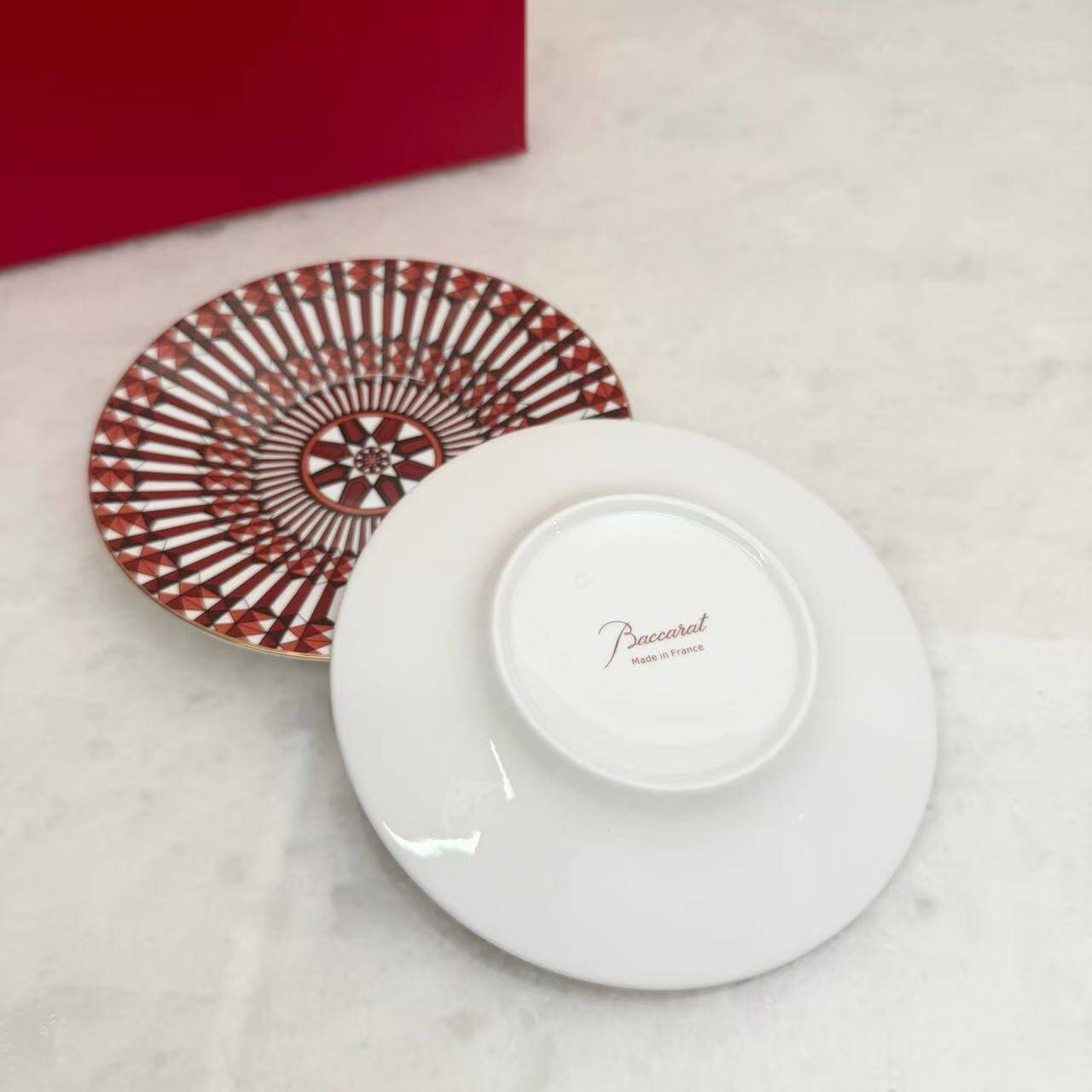 Pair of Baccarat Porcelain Coffee Cups and Saucers, Red Geometric Design