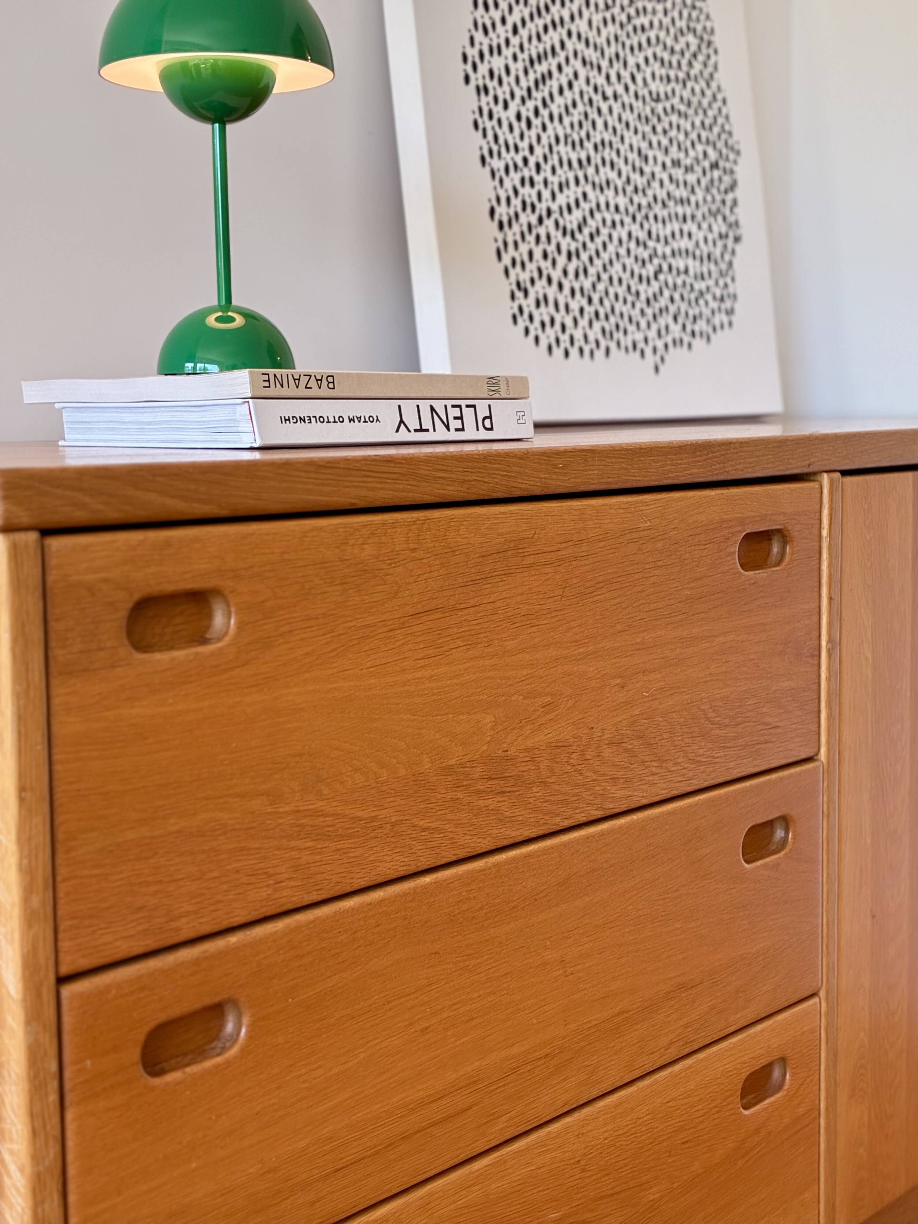 Large oak sideboard, Scandinavian design - 3 drawers and 2 doors.