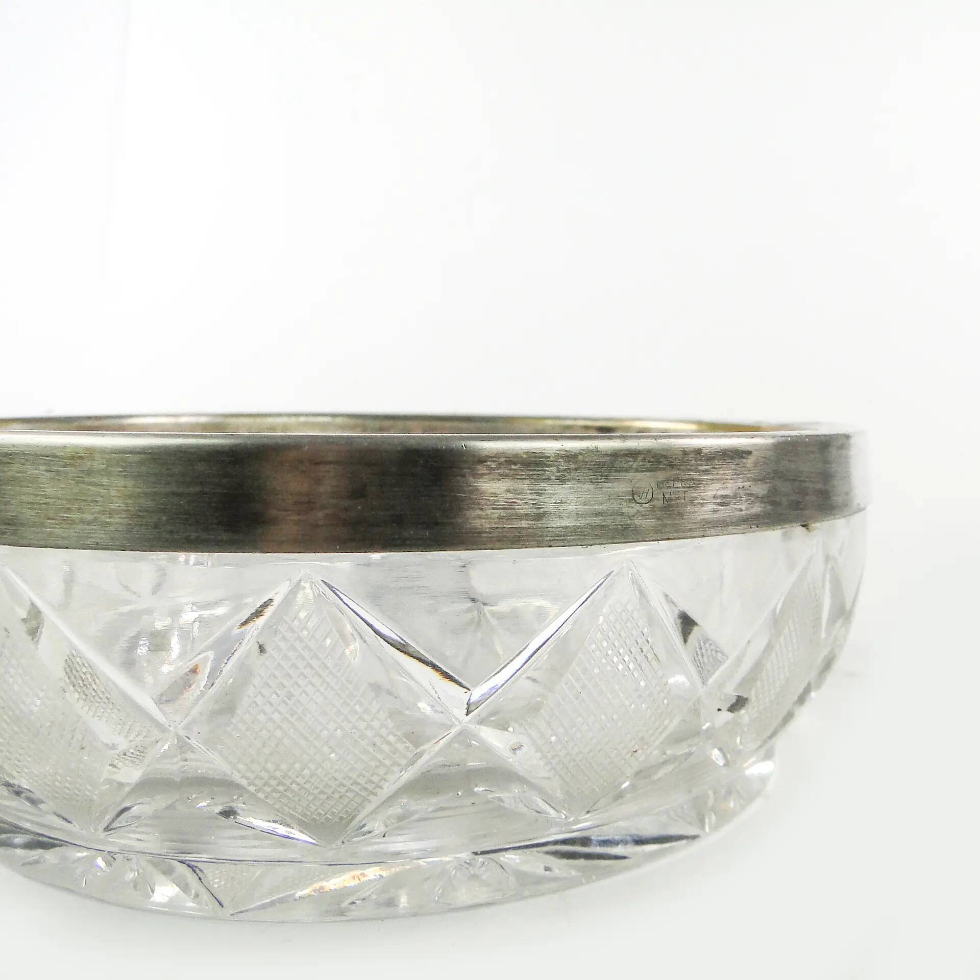 Decorative mid-century modern fruit bowl, crystal, silver-plated brass, Poland, 1970s