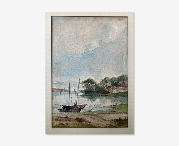 Aquarelle "Marine animée avec bateau" signée A. Descormiers XIX° Bretagne