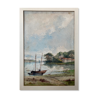 Watercolor "Animated marine with boat" signed A. Descormiers XIX° Brittany