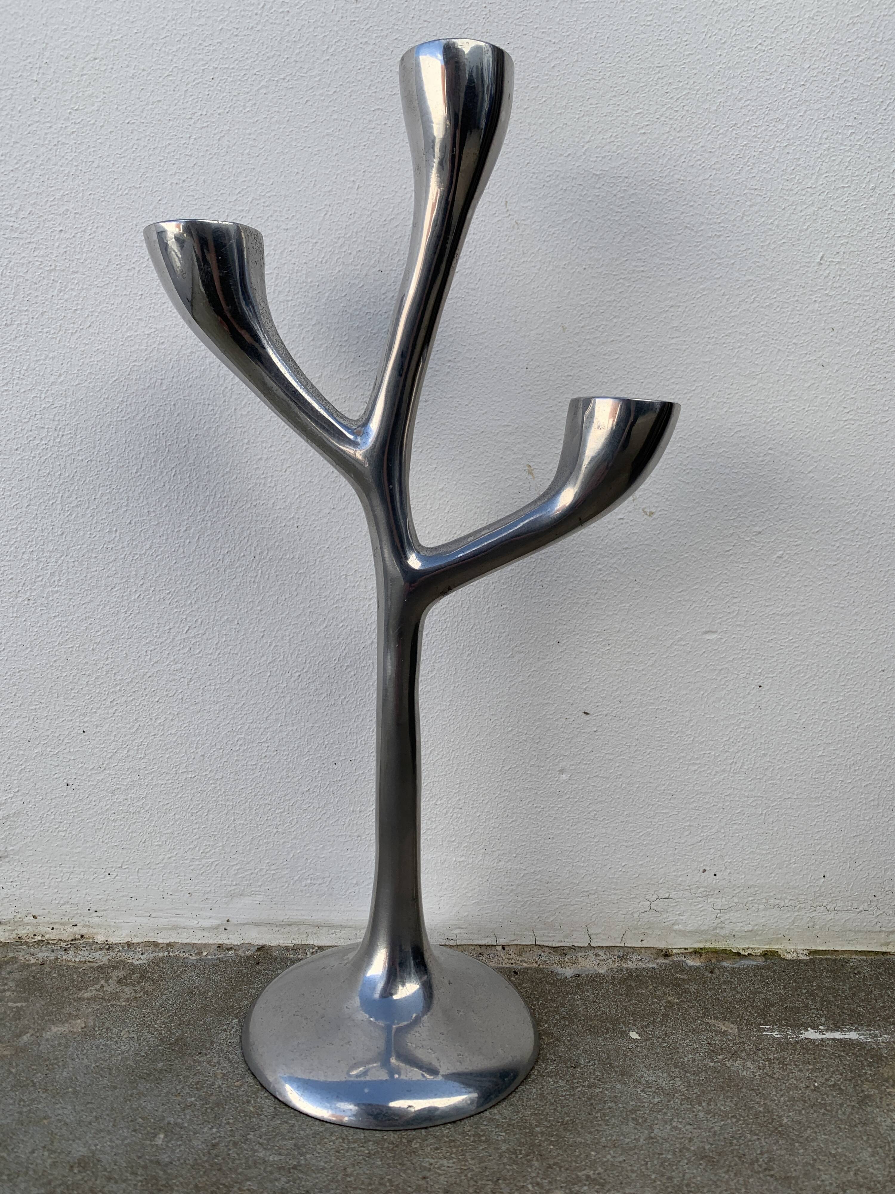 Organic candle holder in brushed aluminum, 3 branches, 1970