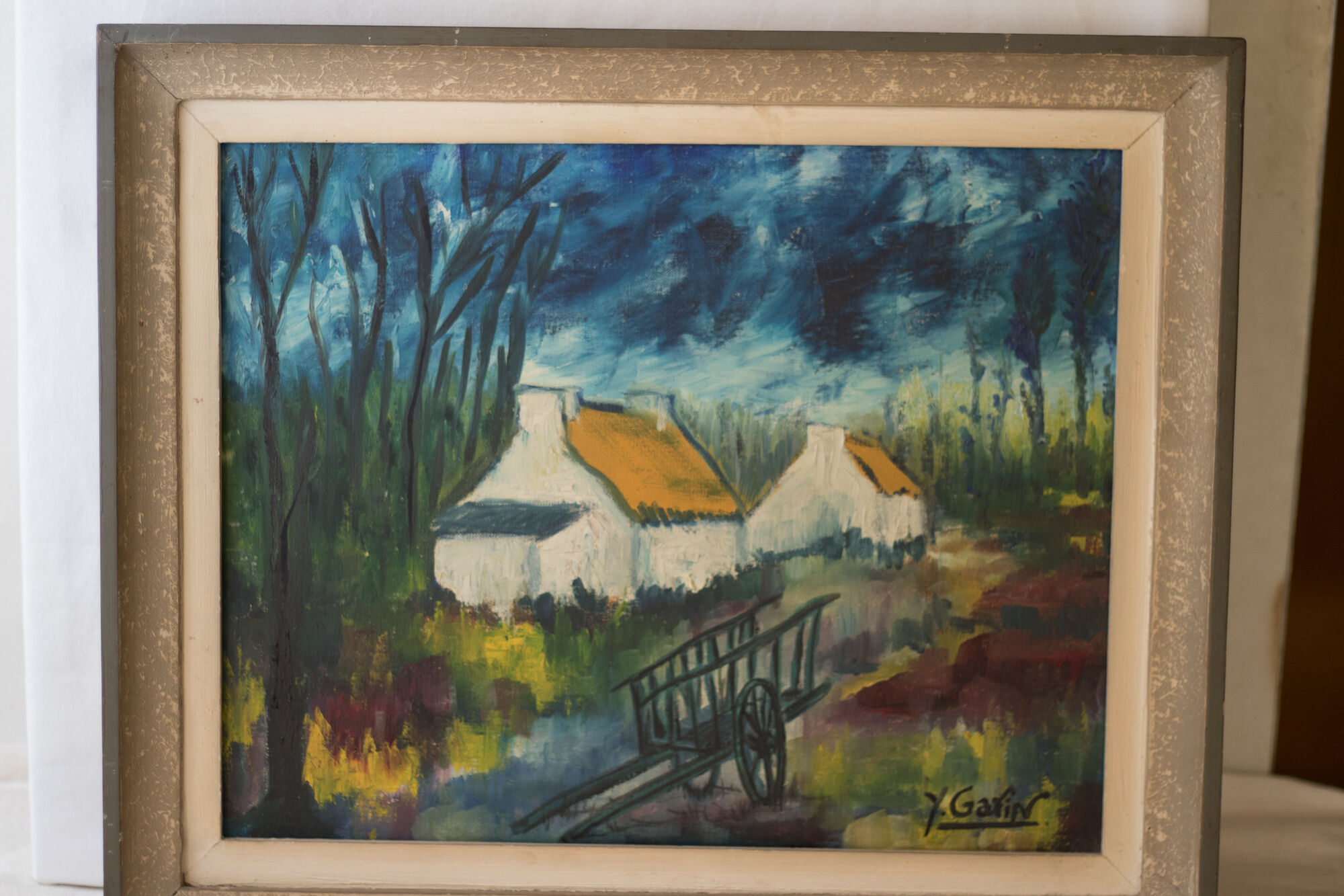 Tableau "les chaumières à la charrette" huile sur toile