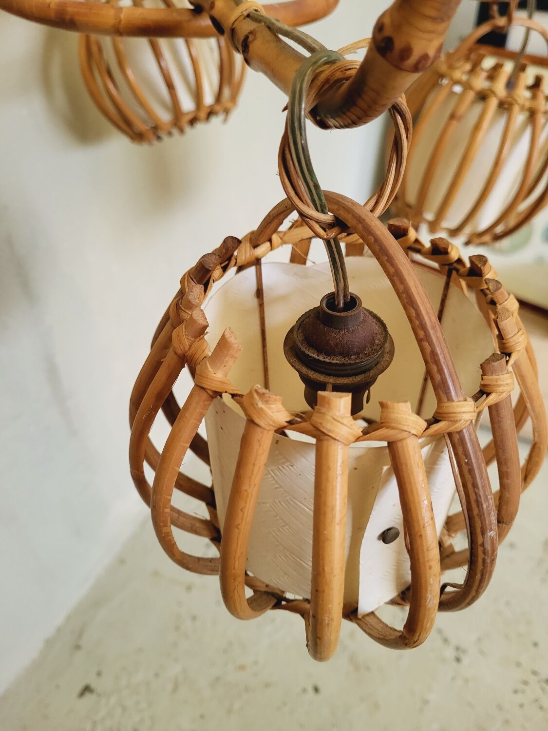 Vintage rattan chandelier 60s 4 branches
