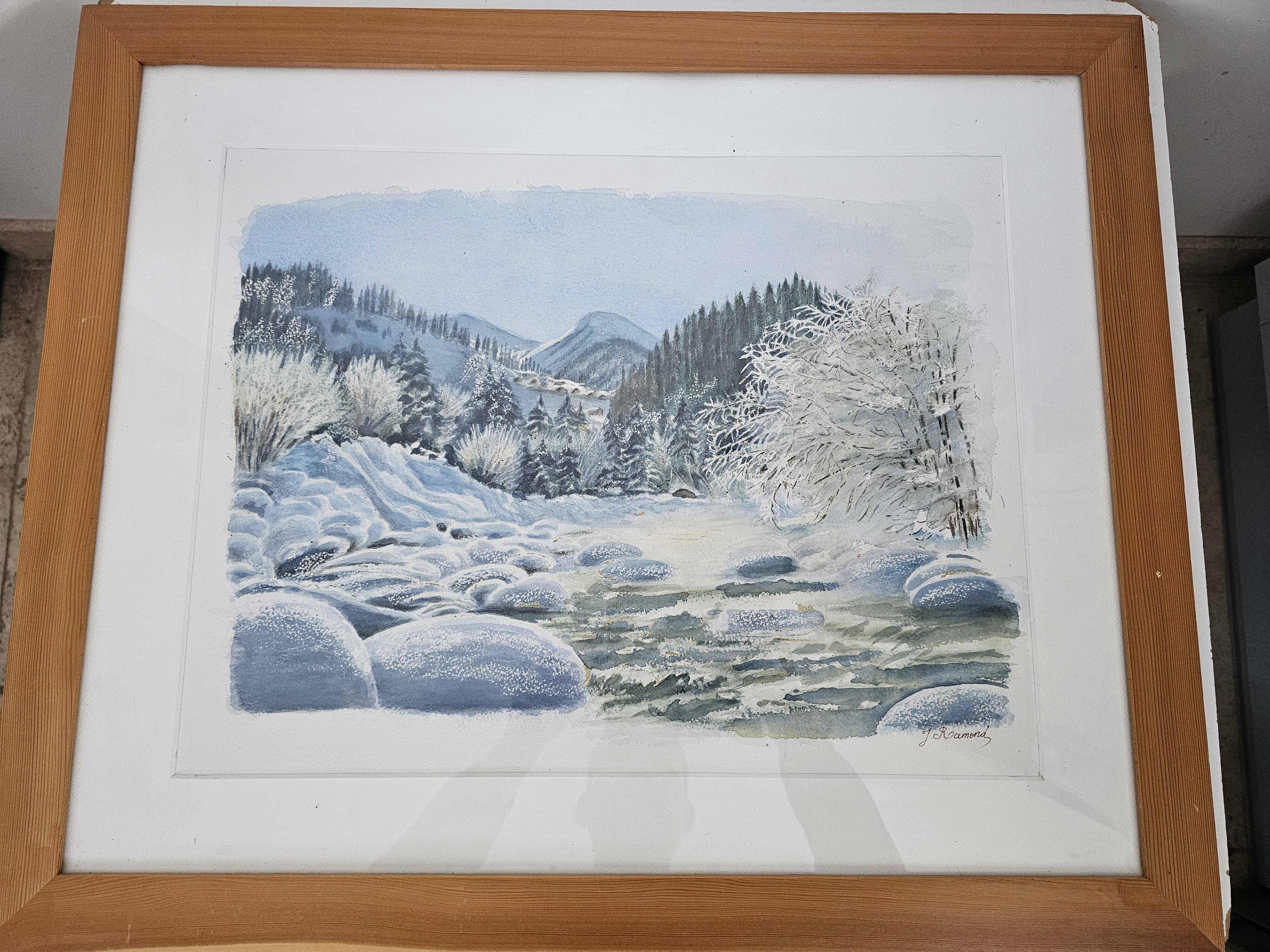 Tableau - Aquarelle paysage de neige Signée Janine Ramond