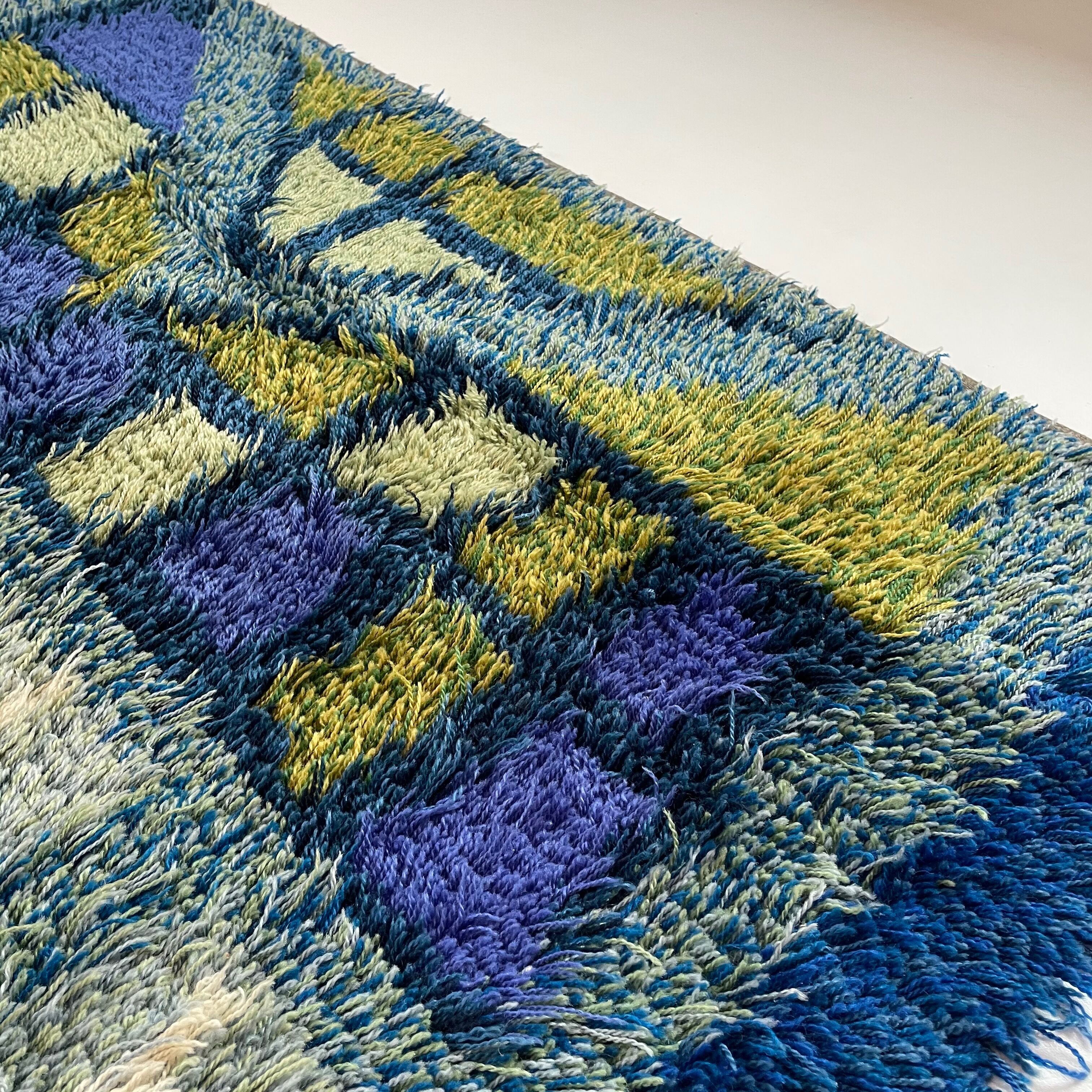 Abstract Scandinavian Multicolor High Pile Rya Rug Carpet, Sweden, 1960s