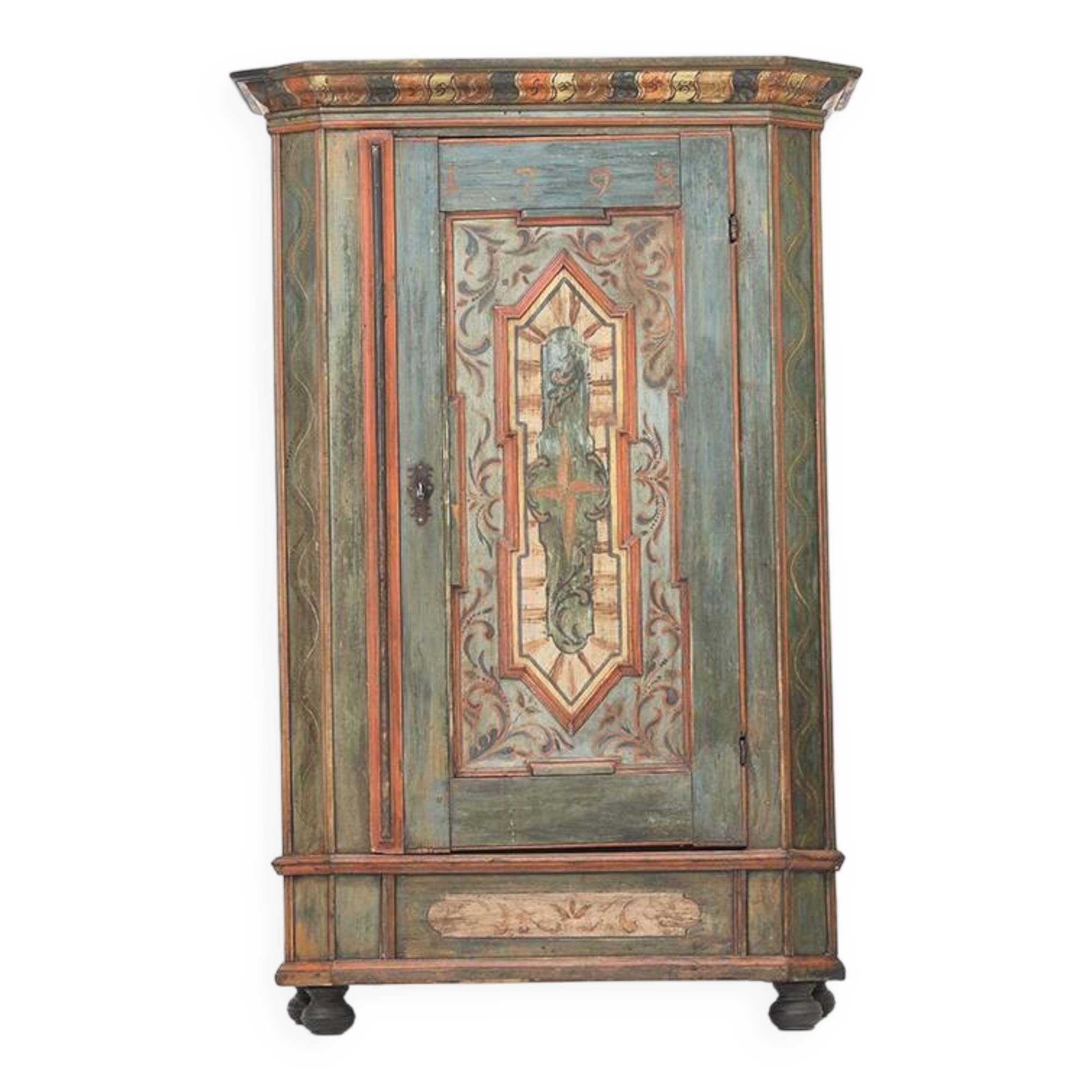 Rustic Weathered Farmhouse Folk Art Painted Bridal Cabinet from 1798