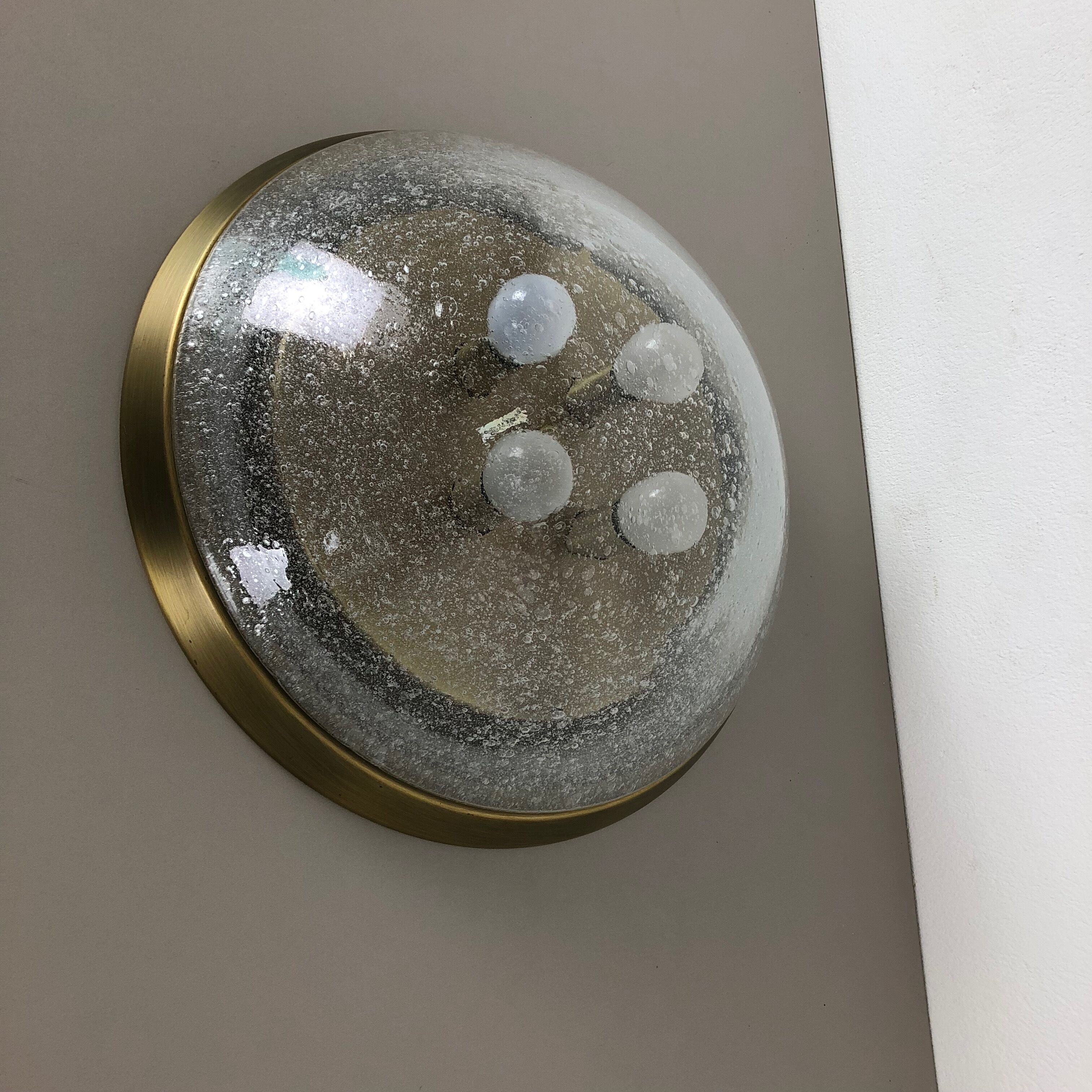 Ice glass bubble brass ceiling light by Hillebrand Leuchten, Germany, 1970s