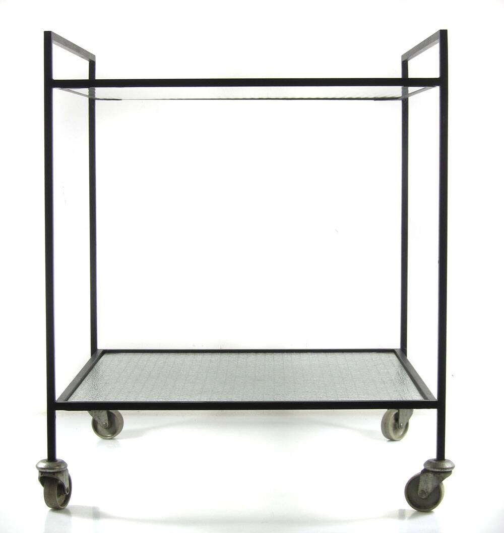 Minimal steel and wired glass sixties tea trolley