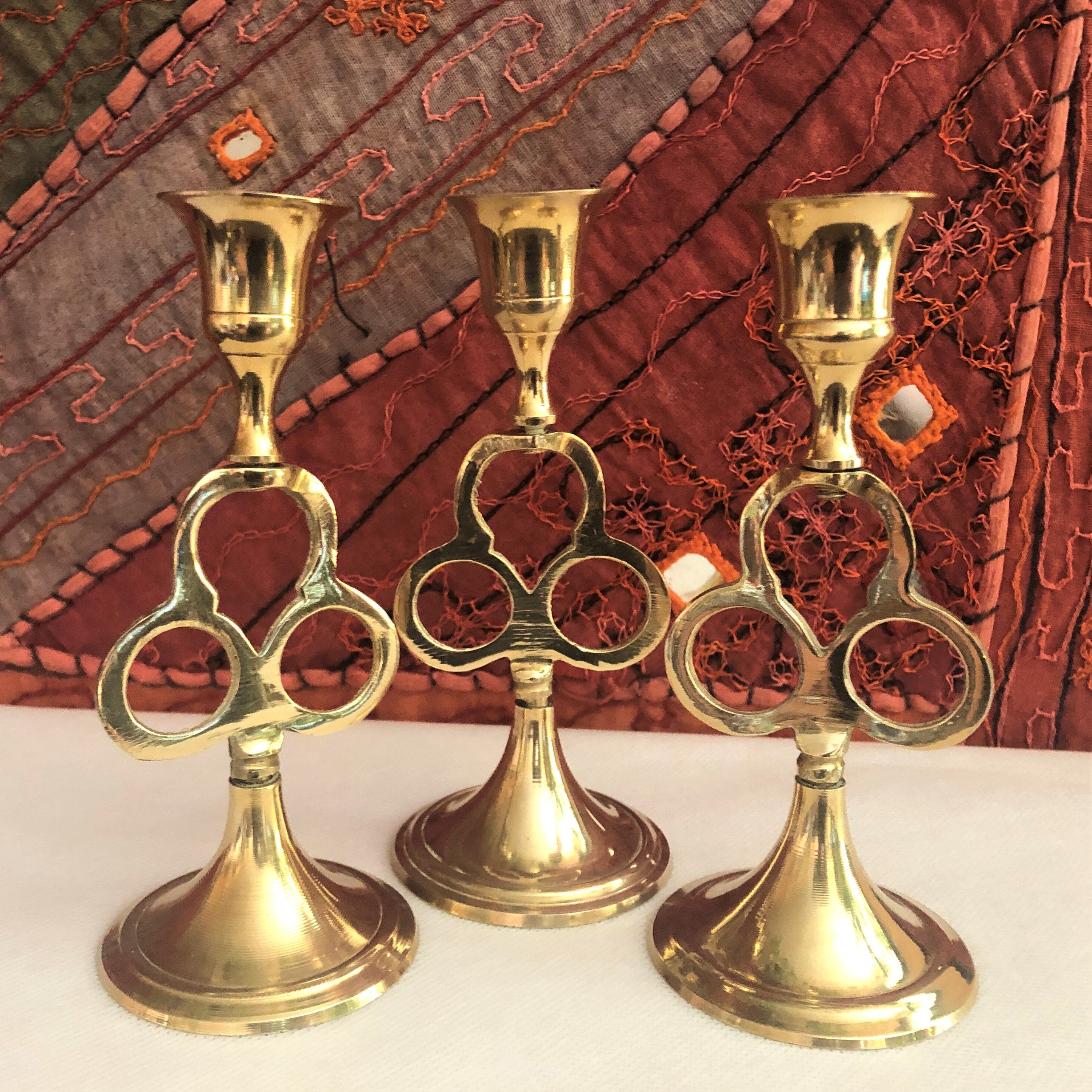 Trio of golden brass candle holder INDIA vintage