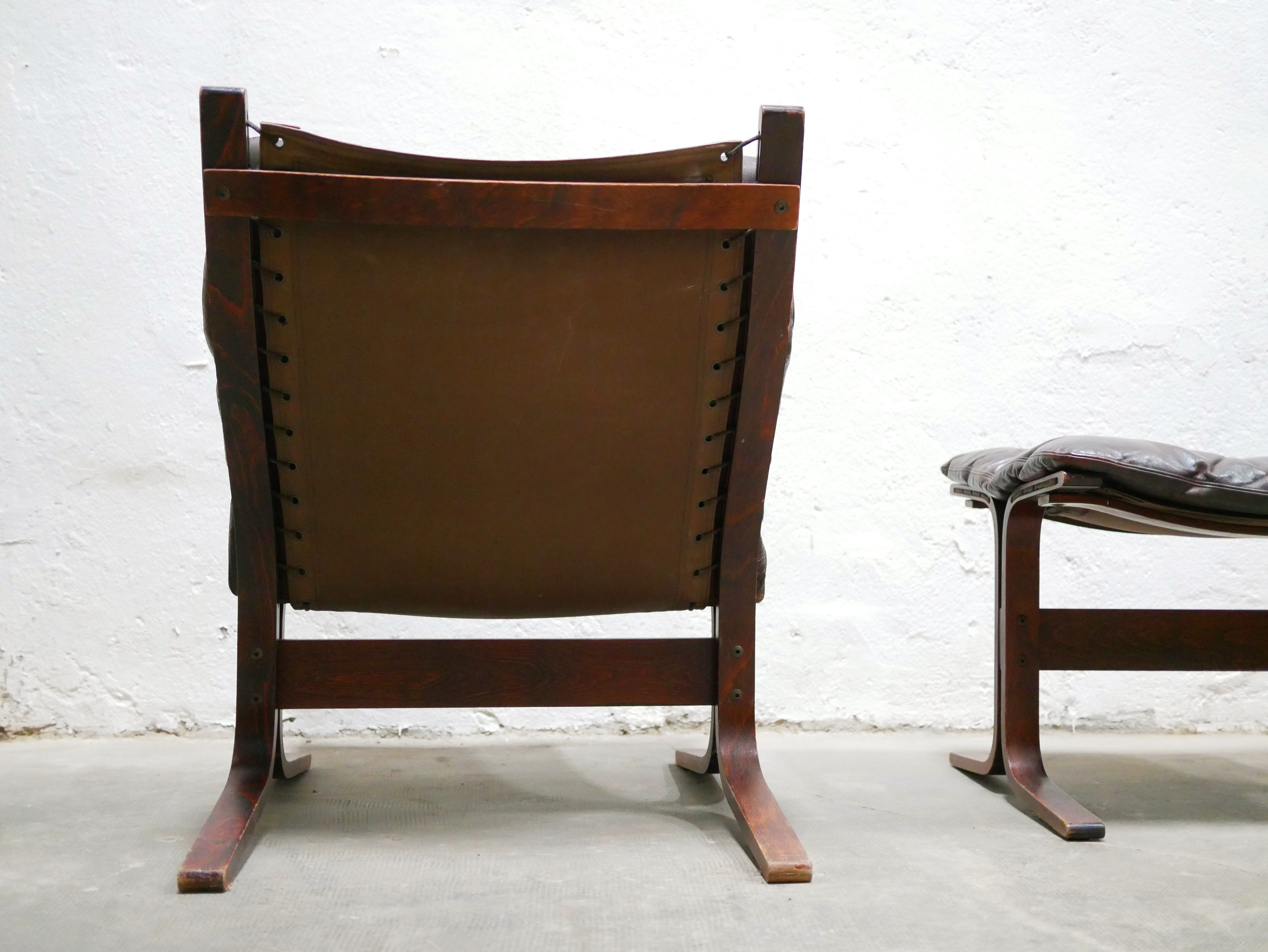 Scandinavian armchair and ottoman Siesta in brown leather by Ingmar Relling for Westnofa editions