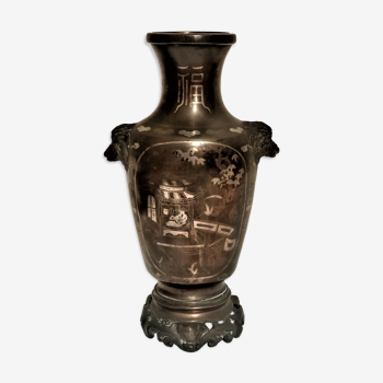 Asian bronze vase, Inlay of silver and copper, Viet Nam