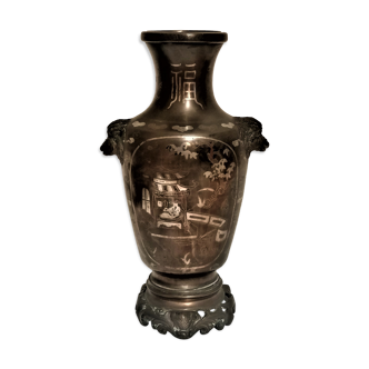 Vase asiatique en bronze, incrustation d'argent et cuivre, Vietnam