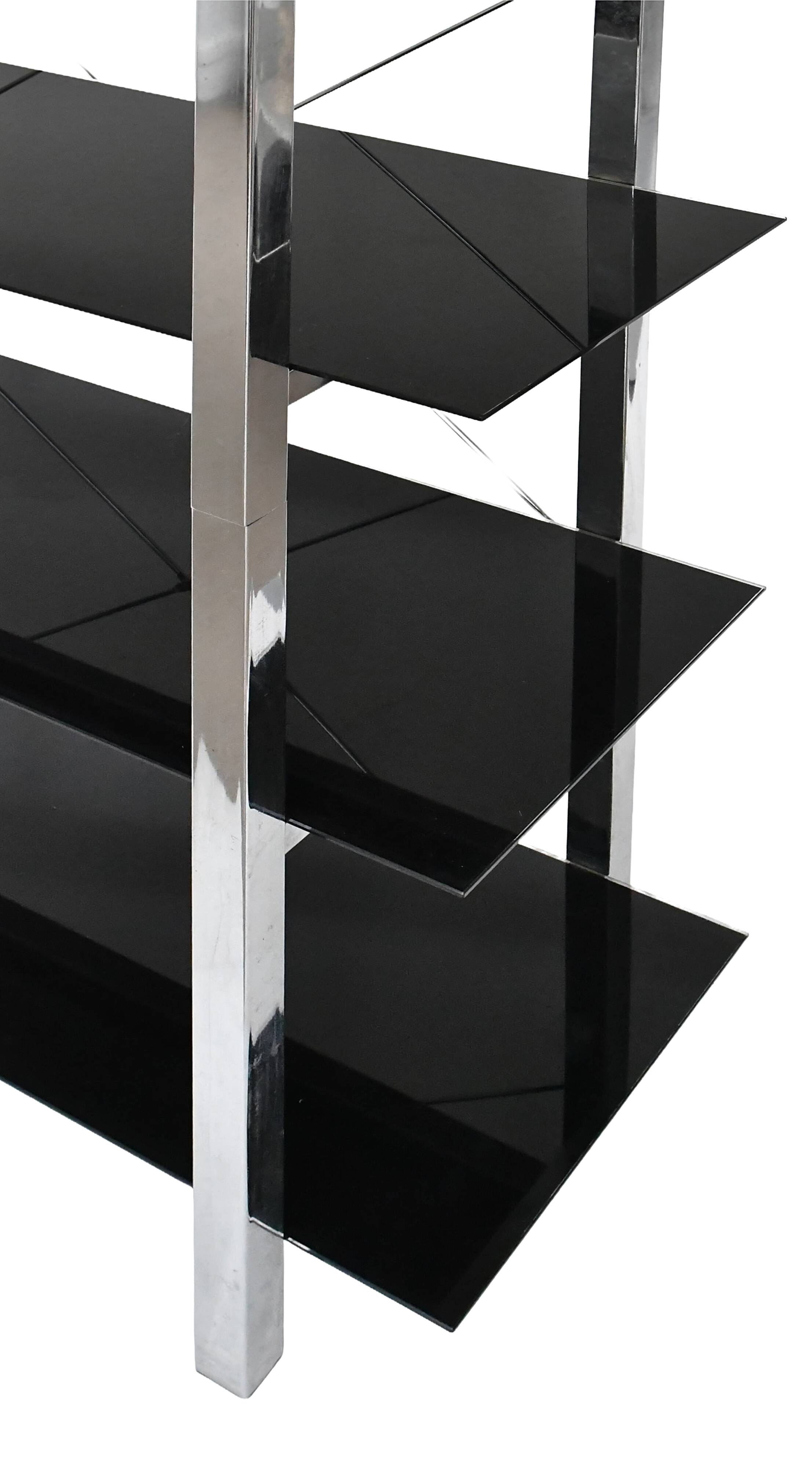 Chrome metal and black glass shelf with 5 levels.