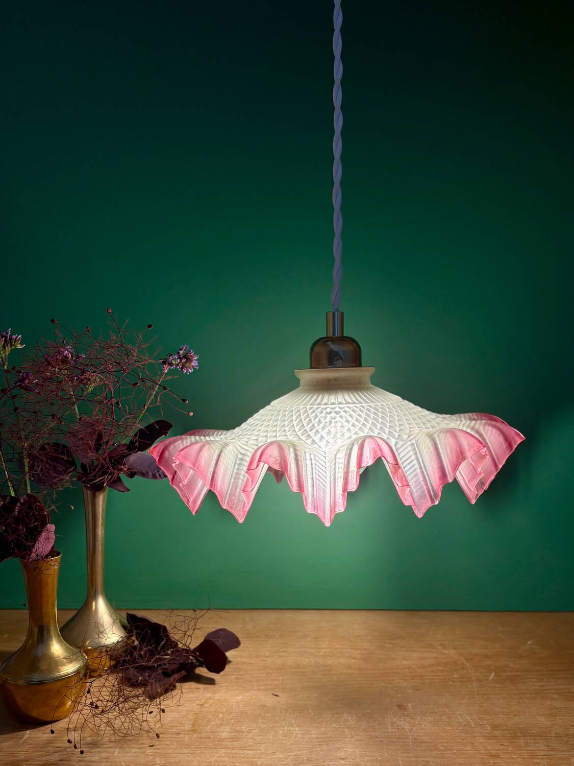 Vintage frosted glass pendant lampshade, half pink, half transparent