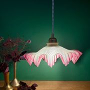 Vintage frosted glass pendant lampshade, half pink, half transparent