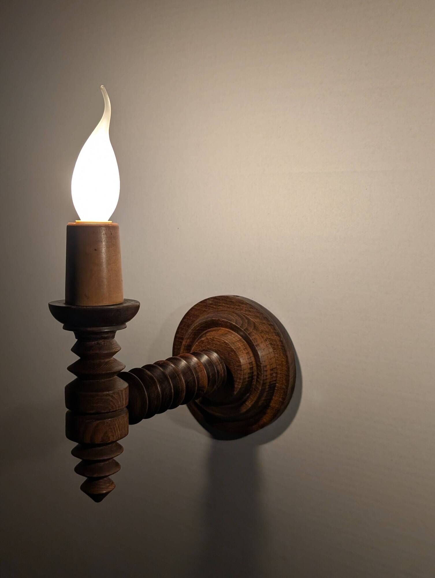 Pair of Charles Dudouyt French Turned Wood Wall Sconces, 1940s