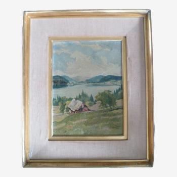 Tableau  hs carton "lac de montagne" signé J. Desgranges 1943 dans son cadre
